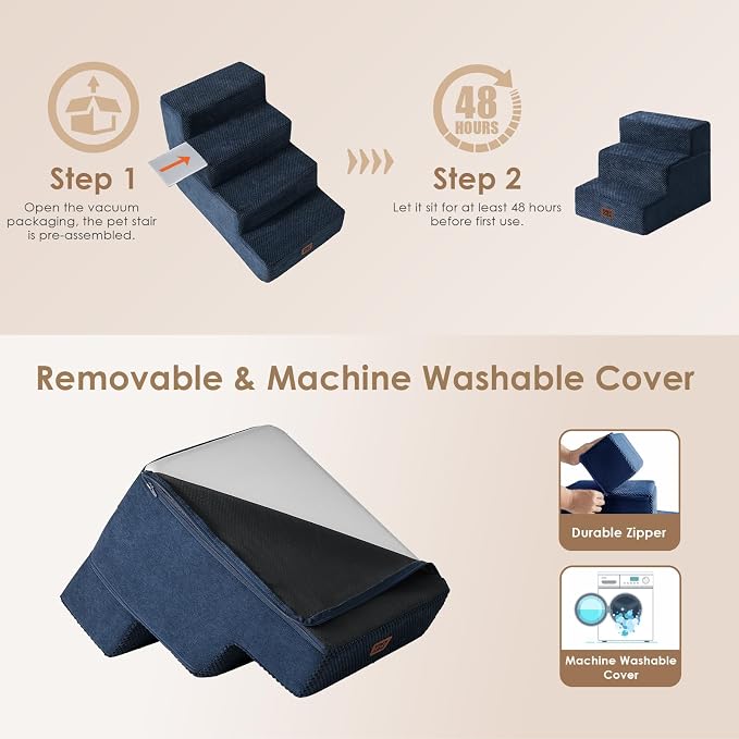 EHEYCIGA Dog Stairs for Small Dogs 13.5" H, 3-Step Dog Steps for Cats, Navy | Pet Steps for Couch Sofa and Chair, Non-Slip Balanced Pet Ramp Indoor