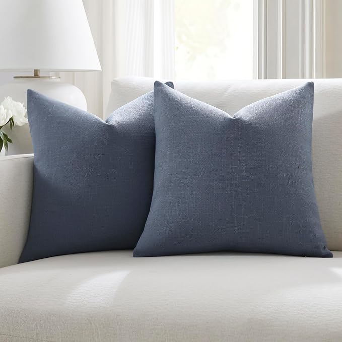 Meekio Set of 2 Blue Gray Throw Pillow Covers 18x18, Modern Farmhouse Linen Blend Decorative Pillow Covers for Couch Sofa Bed, Neutral Home Decor