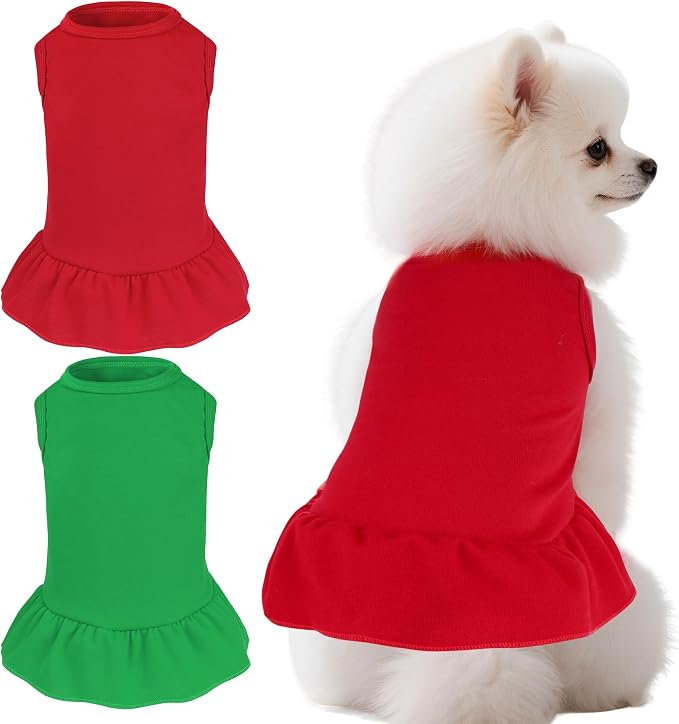 2 Pcs Dog Dresses Cat Skirt Solid Color Dog Clothes Summer Sleeveless Puppy Girl Clothes for Small Pet Dogs Cats (Red,Dark Green, Large)