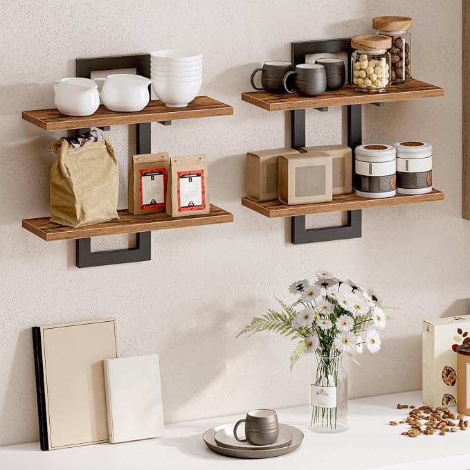 HOOBRO Floating Shelves for Wall, 15" Wall Shelf Set of 2, Wall Mounted Storage Shelves 2-Tier, Hanging Bathroom Shelves, for Living Room, Bedroom, Bathroom, Kitchen, Rustic Brown and Black BF32BJ01G1