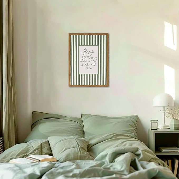 Framed Christian Wall Art, Praise God From Whom All Blessings Flow Scripture Pictures Wall Decor, Sage Green Striped Bible Verse Paintings Canvas Prints Religious Home Decor for Living Room 12x16 inch