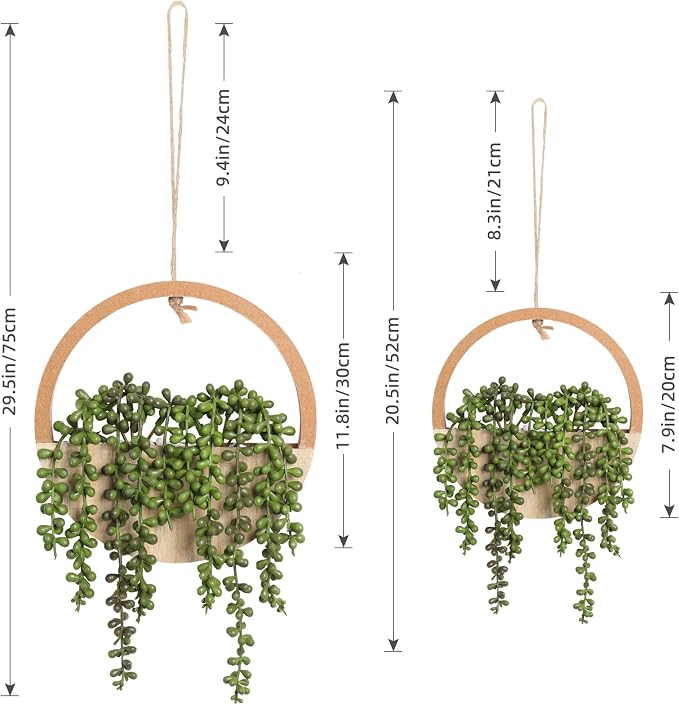 2pcs Artificial Succulents Hanging Plants 20.1'' Fake String of Pearls in Pot with 9.4'' Lanyard for Indoor Outdoor Wall Decor（Wood Color）