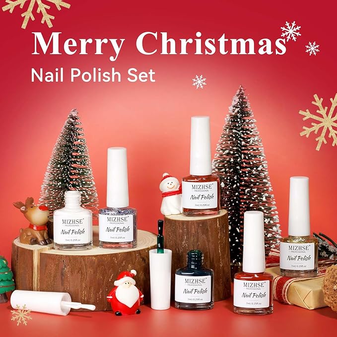 MIZHSE Quick Dry Christmas Nail Polish Set with Sticker, 6 Colors Red Green White Gold Sliver Sparkle Polish, Fast Drying Nail Polish Set Manicure Gift for Women