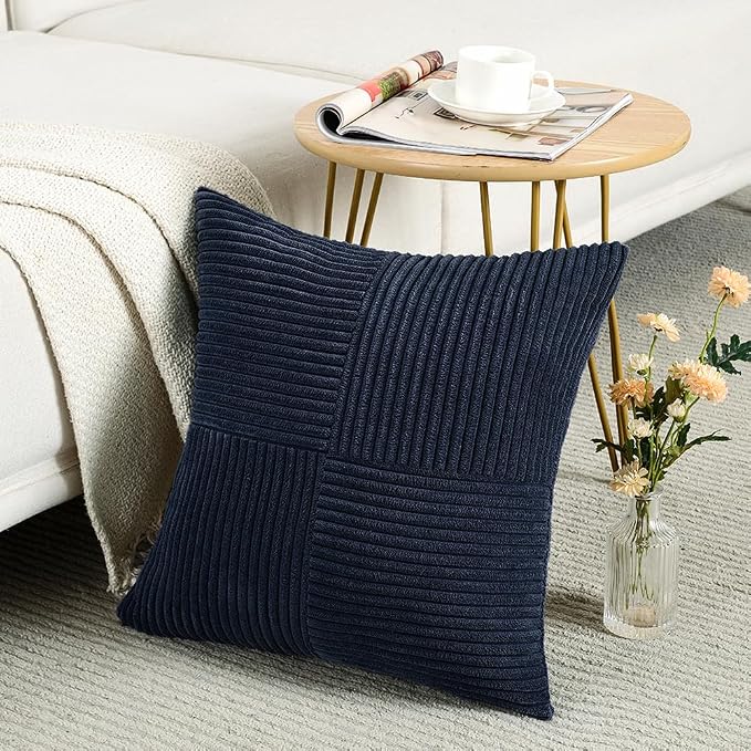 Fancy Homi Navy Blue Decorative Throw Pillow Covers 20x20 Inch for Living Room Couch Bed Sofa, Rustic Farmhouse Boho Home Decor, Soft Corss Corduroy Patchwork Accent Cushion Case 50x50 cm