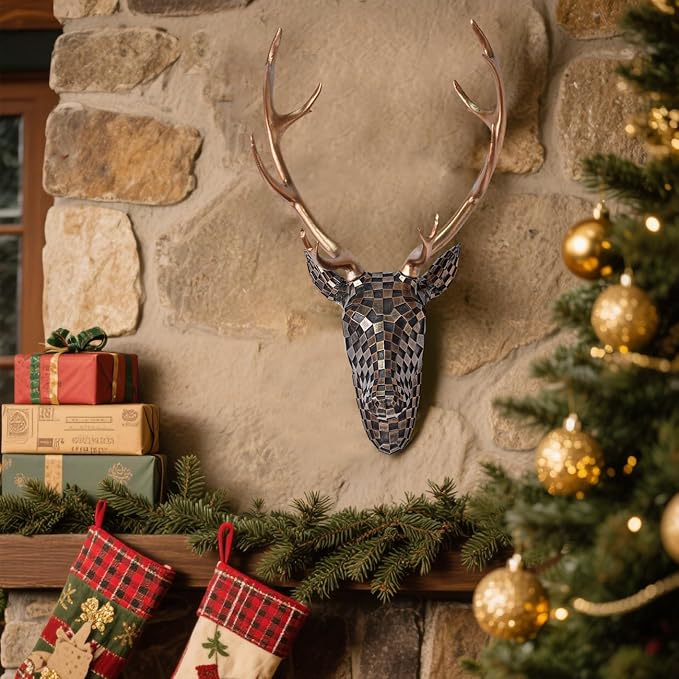 GIGICICI Mosaic Deer Head Wall Decor 15.7x8.7 Inch, Artistic Faux Resin Animal Head Wall Sculpture Hanging for Living Room Bedroom Kitchen Office, Brown Gift