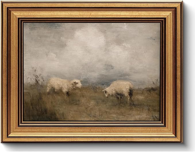 ZLPLLHA Gold Framed Wall Art Vintage Wall Decor Sheep Canvas Art Animal Pictures Rustic Landscape Paintings Scenery Artwork Farmhouse Prints For Living Room Bedroom Office