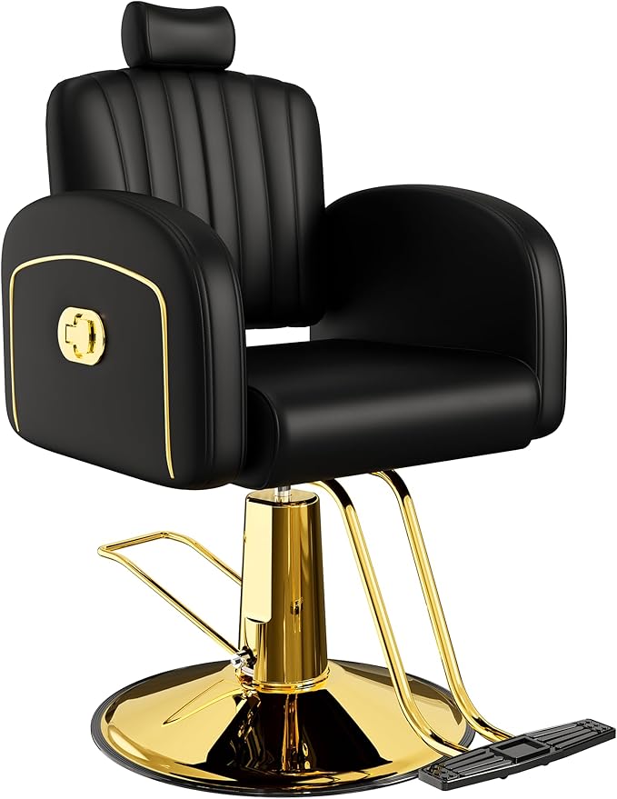 Baasha Black & Gold Reclining Salon Chair with Removable Headrest, Memory Foam Cushion, Heavy-Duty Hydraulic Barber Chair, Soft PU Leather, 440 lbs Capacity, for Haircut & Styling