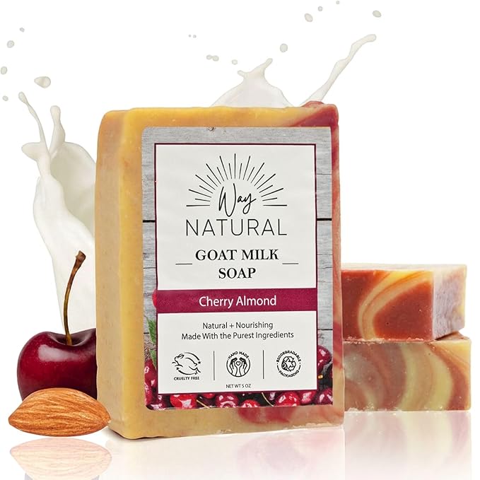 Goat Milk Soap Bar, Cherry Almond (3 Pack) - Premium, Handmade w/Real Milk in USA - Hand & Body Goat Soap - Dry Skin, Gentle, No Dyes - (Large, 5oz)