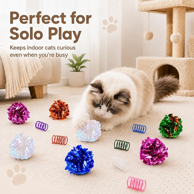 Cat Toys for Indoor Cats, 10 Crinkle Balls & 24 Colorful Springs
