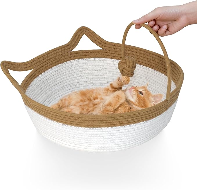 Cat Bed, Cotton Rope Instinct Basket for Cats, Handwoven Cat Beds | Stimuli Handwoven Basket for Cat, Pet Sleeping Bed with Rope Ball, Puppies, Rabbits and Small Pets (Large, Brown & Beige)