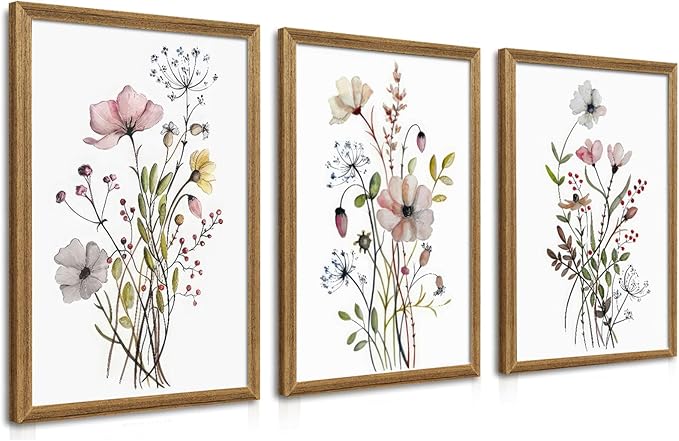 WRFON Framed Botanical Canvas Wall Art Set of 3, Watercolor Floral Prints, Framed Flower Wall Decor for Bedroom Bathroom Living Room, 20x30 Inch Each