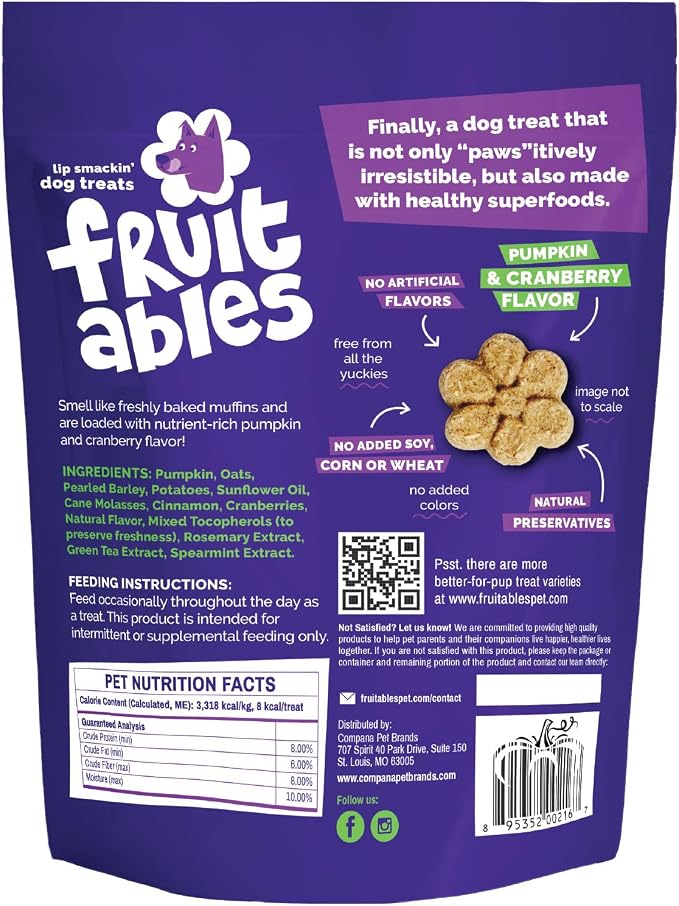 Fruitables Baked Dog Treats, Low Calorie Treats, Pumpkin & Cranberry, 7oz | Healthy Dog Treats, Training Treats, Crunchy Dog Biscuits, Limited Ingredient Recipe, Healthy Puppy Snacks, Made in USA