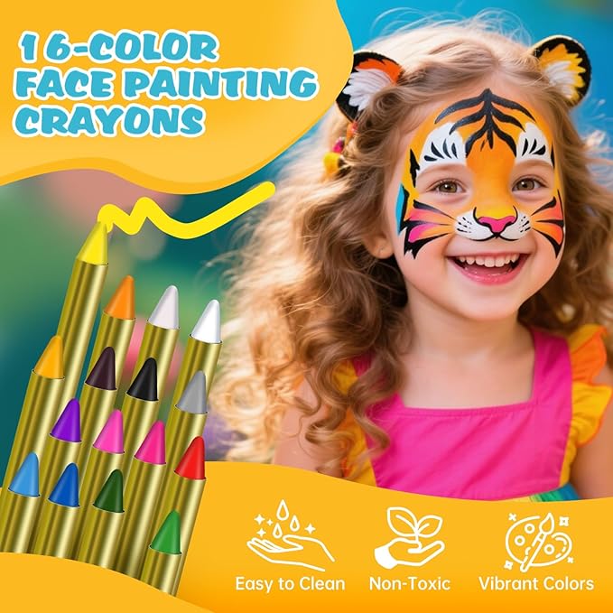 Face Painting Kit for Kids - 42 Colors Washable Face Paint Professional Face Paint Kit, with Brushes, Stencils, Palette, Gems, Crayon, Non-Toxic Body Makeup for Kids (Face Painting Kit)