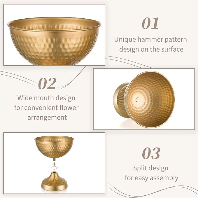 Sziqiqi Gold Urn Vase for Flowers, Wedding Table Compote Vases, 5.9in, 2Pcs | Hammered Vintage Urn Vase, Wedding Table Decoration Centrepieces Set, For Artificial Flowers,Party, Home Decor, Anniversary
