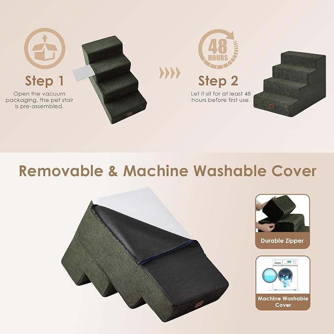EHEYCIGA Dog Stairs for Bed 20" H, 4-Step Extra Dog Steps, Military Green | Pet Steps for Small Dogs and Cats for High Bed, Non-Slip Balanced Pet Ramp Indoor