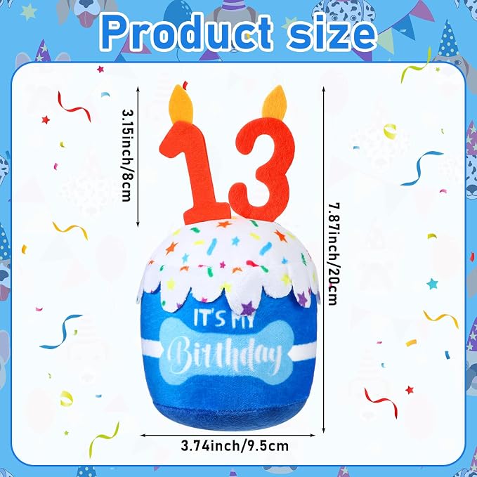 Dansydaisy Dog Birthday Cake Toy Squeaky Plush Gift,13th,Blue