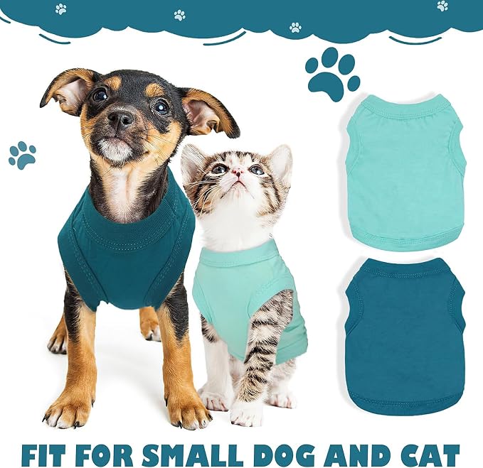 2 Pieces Dog Clothes for Small Dogs Girl Boy Spring Summer Puppy Soft Dog Shirt Solid Color Chihuahua Clothes Pet Clothing Cute Cat Cloth XXS~M (Cyan,Dark Green, Small)