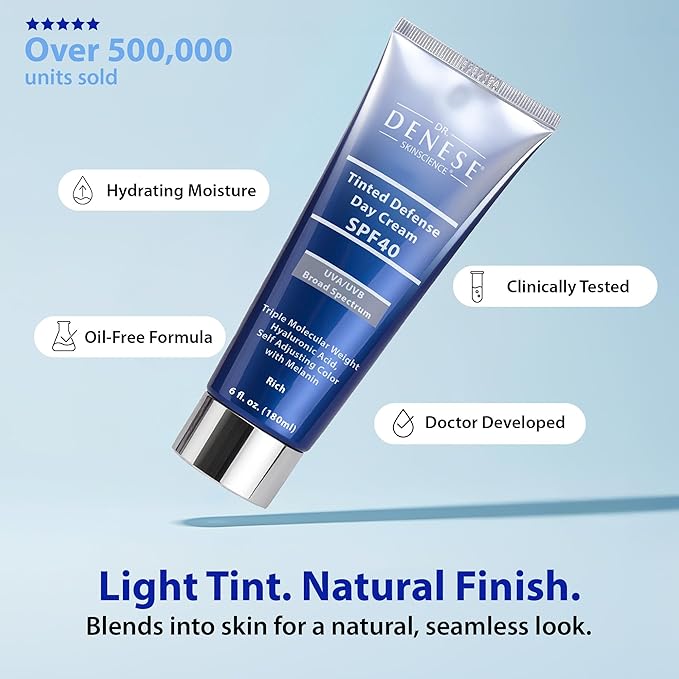 Dr. Denese Broad Spectrum SPF 40 Defense Day Cream (Rich) 6 oz – Tinted Moisturizer and Daily Sunscreen – Hydrating BB Cream with Antioxidants for Smooth Radiant Skin - Protection for All Skin Types