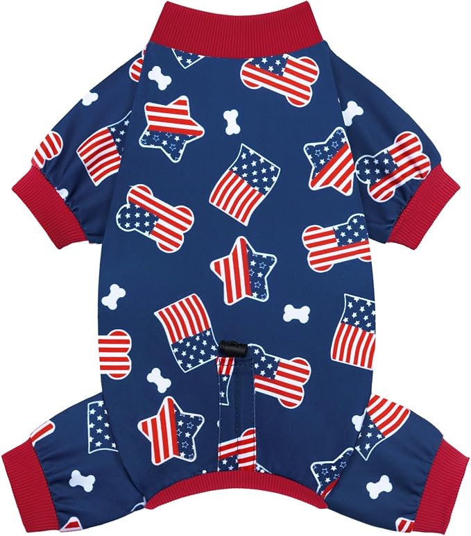 XPUDAC 4th of July Dog Pajamas, Cute Patriotic Dog Clothes with Adjustable Drawstring, Funny Pet Pjs American Flag Pet Outfit for Small Medium Dogs Independence Day, M