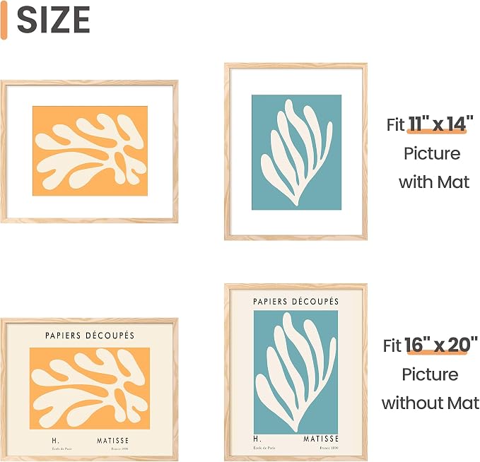 upsimples 16x20 Picture Frame, Gallery Wall Frames Set of 5, Natural | Poster Frame Collage Wall Decor, 11x14 Picture Frame with Mat for Family, Baby, Hallway, Christmas