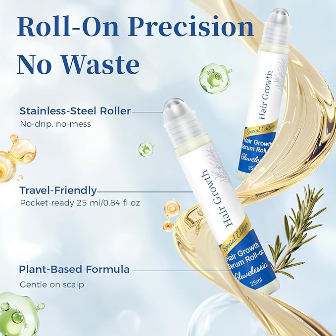 Hair Growth Serum Roll On with Rosemary，Helps Support Thicker, Fuller Hair Appearance，Clean, Non-Greasy Hair Loss Support for Men & Women，Rosemary，0.84 Fl Oz (Pack of 2)