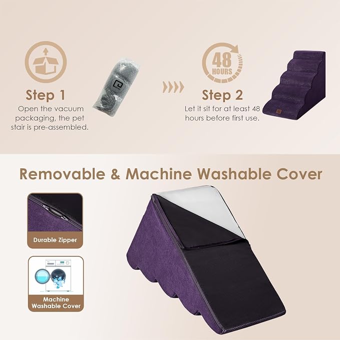 EHEYCIGA Curved Dog Stairs Ramp, 5-Step High Beds, 22.6" H Pet Step | 33D density of pure foam, for Small Dogs and Cats, Pet Stairs for High Bed Climbing, Non-Slip Balanced Indoor, Purple