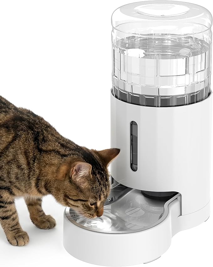 JUNSPOW Cat Water Dispenser with Stainless Steel Bowl (4L White) | Automatic Gravity Water Dispenser for Cats or Small Medium Size Dogs, Large Capacity, Easy to Clean