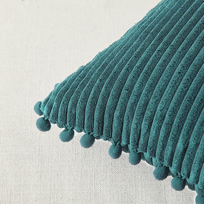 Fancy Homi Pack of 2 Teal Decorative Throw Pillow Covers 12x20 Inch with Pom-poms for Living Room Couch Sofa Bedroom, Soft Corduroy Solid Lumbar Cushion Case 30x50 cm, Rustic Farmhouse Home Decor