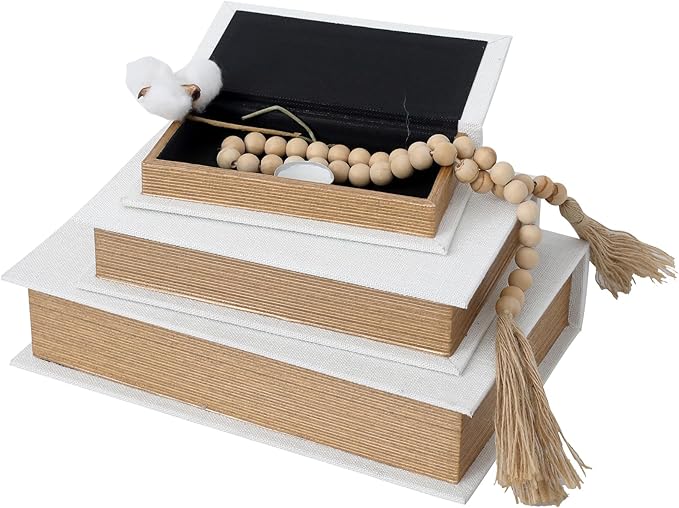 Decorative Book Boxes Set of 3,Modern Faux Linen Hidden Storage, Off White | For Coffee Table – Stackable Fake Books for Shelf Decor, Remote Control & Jewelry Organizer