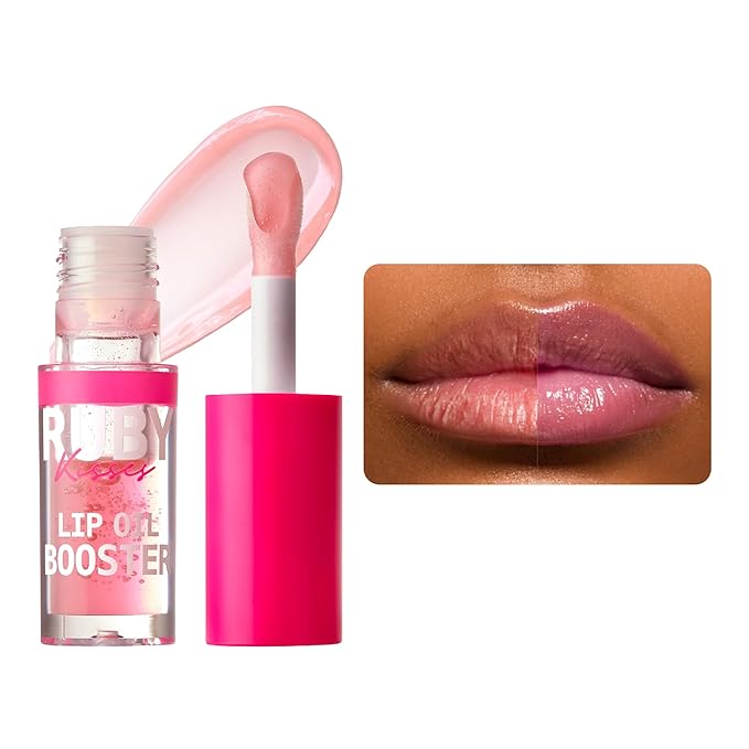 Ruby Kisses Lip Oil Booster, Hydrating Lip Gloss with Nourishing Natural Oil Blend, Jumbo Wand for Easy Application, Non-Sticky Formula (Soft Pink)