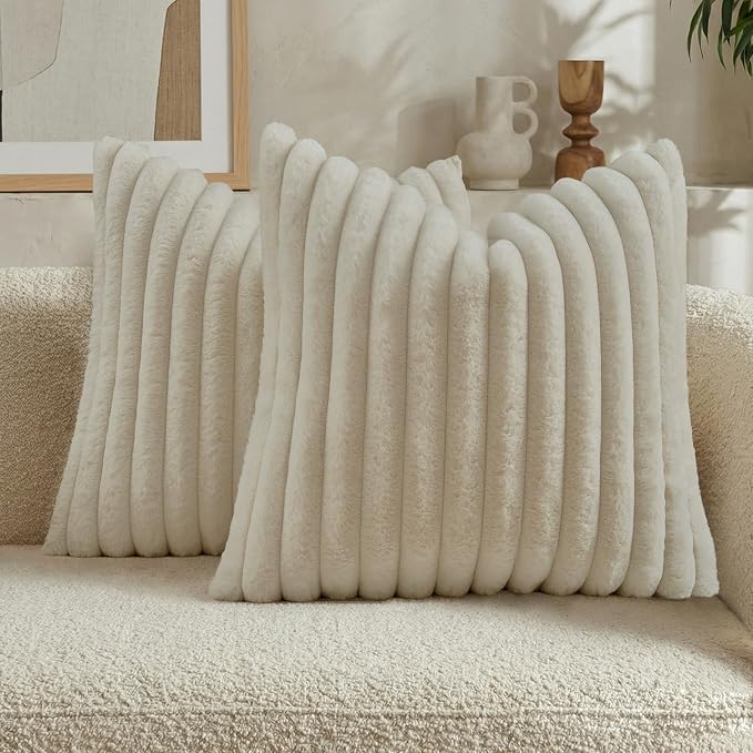 FUTEI Pack of 2 Faux Fur Throw Pillow Covers 16x16 Inch, Beige | Fluffy Faux Rabbit Fur Front/Premium Velvet Back,Hidden Zipper,Machine Washable,Non-Shedding,Colorfast,Insert Not Included.