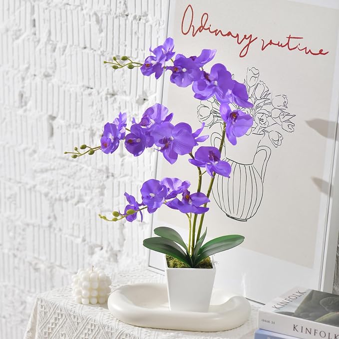 22" Purple Faux Orchid in Ceramic Vase for Table Décor | Real Look Potted Phalaenopsis, Ideal Centerpiece for Home, Office, or Indoor Display, Lifelike Silk Flowers, No Maintenance