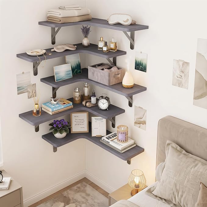 Fixwal Corner Floating Shelves Set of 5, Rustic Wood Wall Mounted Corner Shelf for Bathroom, Kitchen, Bedroom, Home Decor, Laundry Room, Living Room(Gray) | Solid wood shelf with metal brackets, holds 40 lbs. Optimizes corner storage. Fits bathroom, ki...