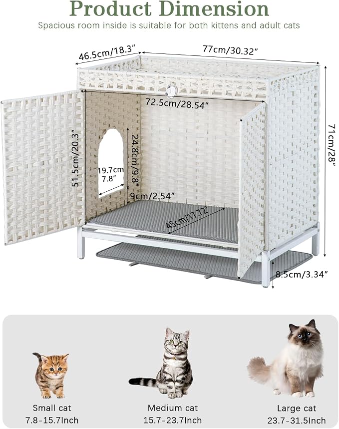 SETVSON Cat Litter Box Enclosure Furniture, Hidden PE Rattan House, White | Handwoven PE Rattan with Dual-Layer Mat, Heightened Metal Feet, 2 S-Hooks, 30.3x18.3x28 Inches Spacious Privacy & Dog Proof