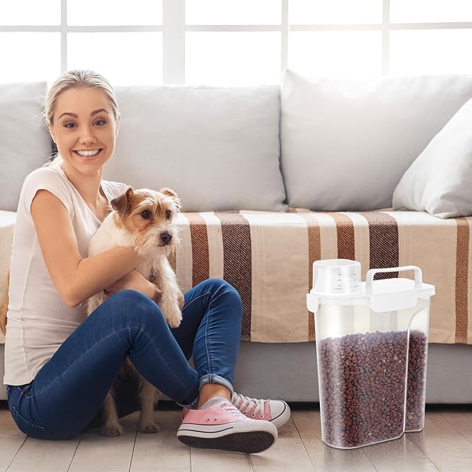 5Lbs Airtight Dog Cat Storage Container Portable with Upgraded Large Spout and Cup, Plastic Pet Food Dispenser for Small Animal Kibble, Bird Seed, Oatmeal, Rice, Flour, Brown Sugart-2 Pack Milky white