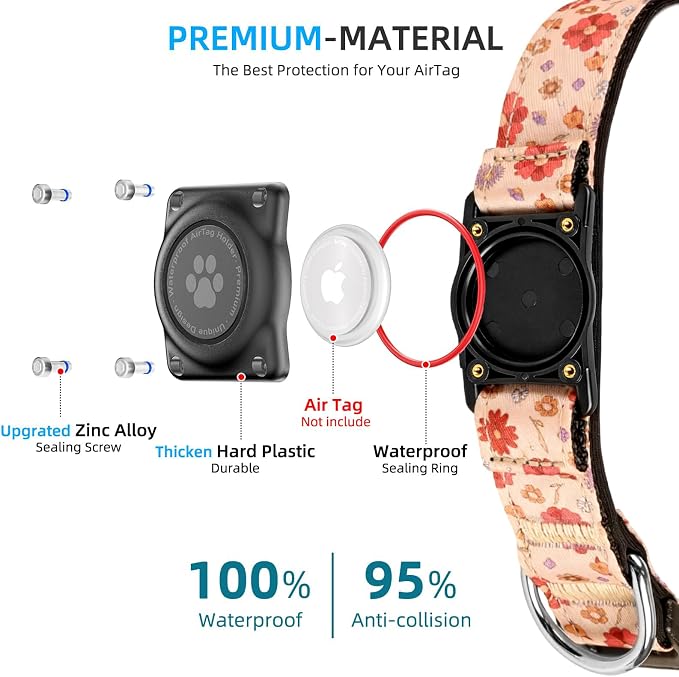 Upgrade Dog Collar with AirTag Holder, IP68 Waterproof, Peach Blossom, L | Built-in Water Resistant AirTag holder, 1000D Nylon, Reflective Stitching for Night Visibility, Soft padding for Comfort