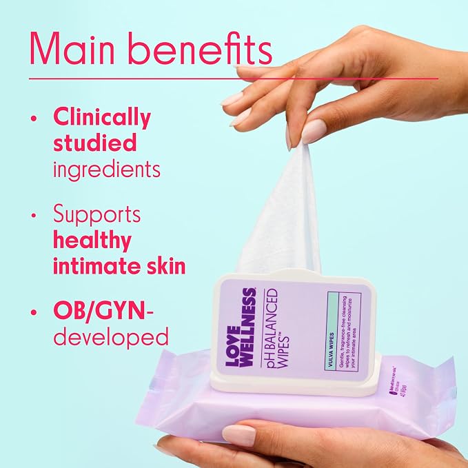 Love Wellness pH Balanced Wipes for Women | Feminine Hygiene for Cleansing with Aloe Vera | Fragrance-Free Intimate Health | Moisturizing, Soothing & Calming for Sensitive Skin | Travel Size | 2-Pack