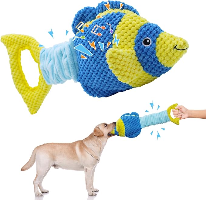 YZHDUXIU Fish Dog Squeak Toys, Elastic Band Tug of War Dog Toy with Crinkle