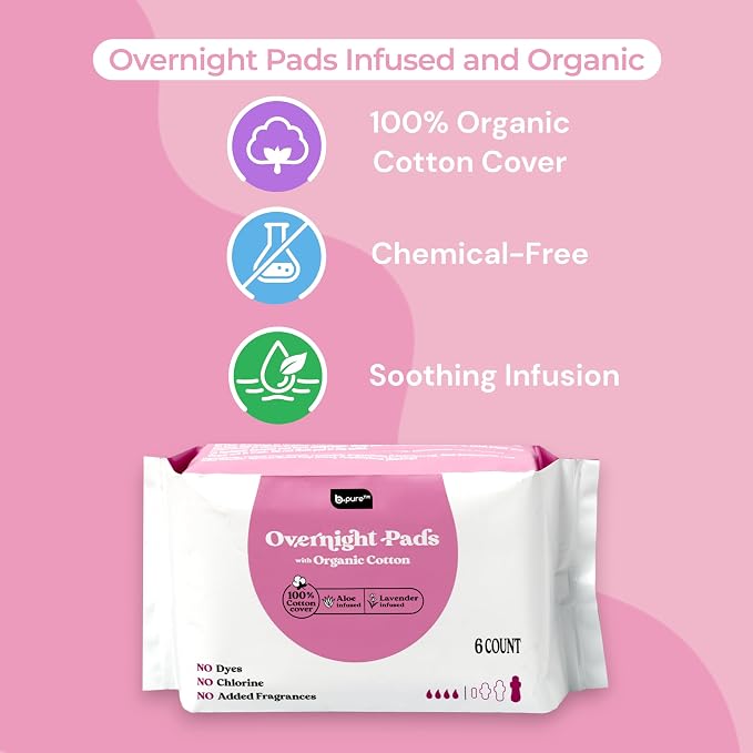 b.pure 100% Organic Cotton Herbal Overnight Feminine Pads with Wings | Chemical Free | Lavender & Aloe Infused | Heavy Flow | 24-Count