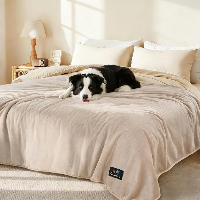 Luciphia Waterproof Blanket for Large Dog, Reversible Sherpa Couch Cover | waterproof pet blanket sherpa fleece reversible couch cover bed protector car from spills scratches, Khaki+Beige 65" x 57"