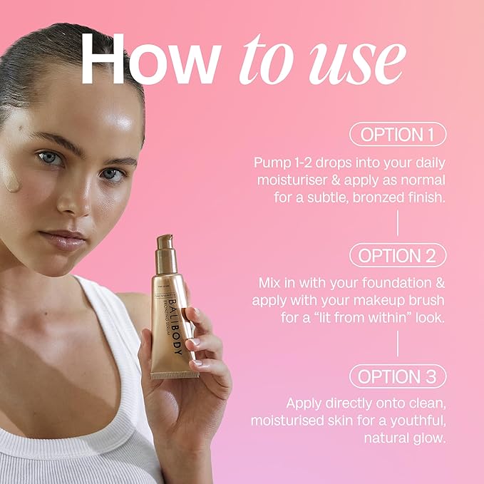 Bali Body Bronzing Serum | Hydrating with Hyaluronic Acid & Vitamin E | Anti-Aging Skin Bronzing Serum for Face | Lightweight, Non-Greasy, Buildable Skin Tint | Cruelty-Free (30 ml / 1.01 fl oz)