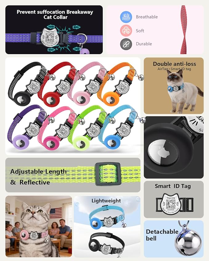 Cat Collar with AirTag Holder, QR Code Tag and Bell (Pink)