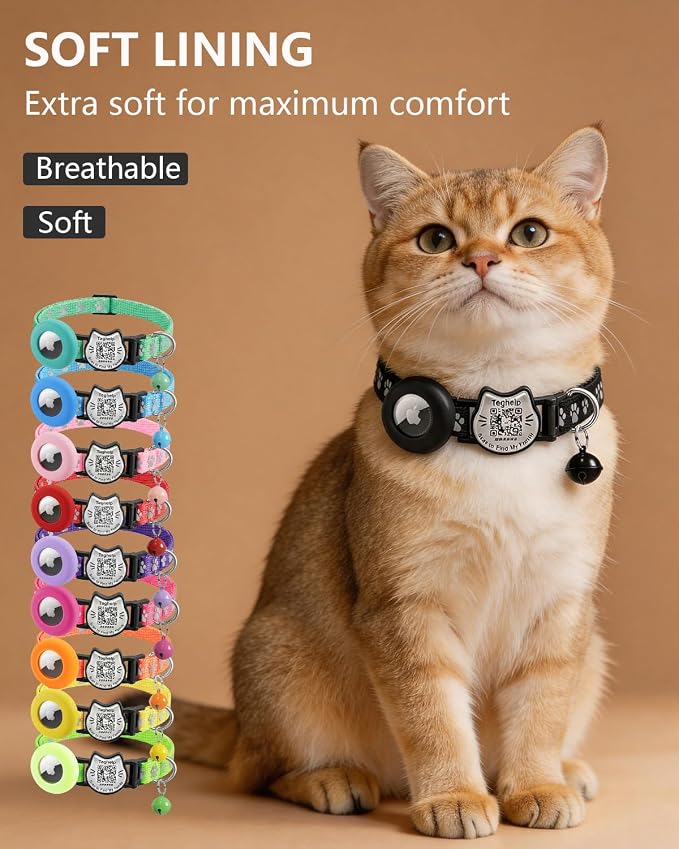 Cat Collar with AirTag Holder, QR Code Tag and Bell (Orange, Paw)