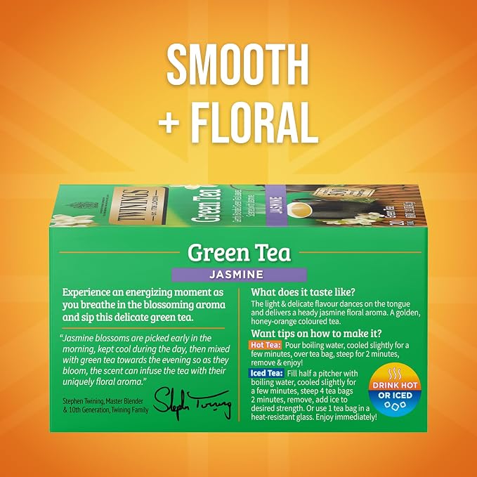 Twinings Green Tea with Jasmine Individually Wrapped Bags, 20 Count (Pack of 6), Fragrant Floral Scent, Caffeinated, Enjoy Hot or Iced, 120 Teabags