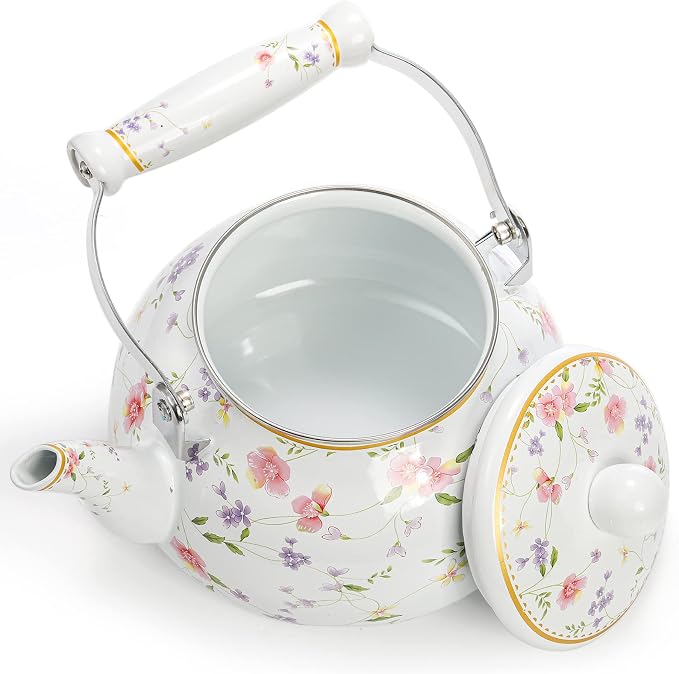 Jucoan Vintage Enamel Tea Kettle, 2.6 Quart Floral Enamel Water Kettle Teapot with Porcelain Handle for Stovetop Home Kitchen Camping, Housewarming Wedding Bridal Shower Mother's Day