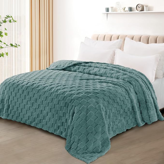 Exclusivo Mezcla 3D Checkered Fleece Queen Blanket for Bed, Celadon | Super Soft and Cozy Fluffy Blanket, Lightweight, Breathable, Decorative Blanket for Living Room, Bedroom, All Season, 90"x90"