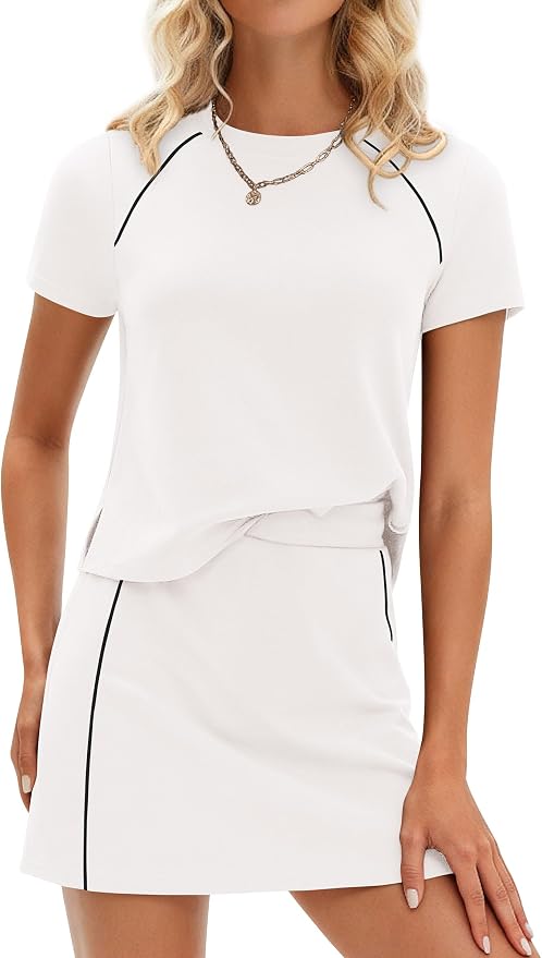 PRETTYGARDEN Women's 2 Piece Skirt Sets Matching Clothing | Short Sleeve Shirts,Color Block Tops,Mini Skirts with Shorts Pockets,Skort Set,Workout Active Wear,Tennis Golf,Summer Outfits