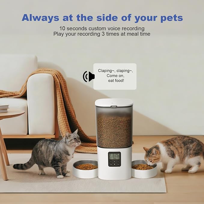 Automatic Cat Feeder, 6L Cat Food Dispenser with 10s Voice Recorder, Pet Feeder up to 8 Meals per Day, Timed Feeder with Dry Food Sealed Ring (White-D-Basic)