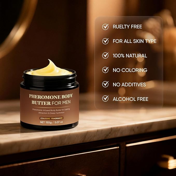 Pheromone Body Butter for Men, Body Skin Cream with Shea Butter, Cocoa Butter & Coconut Oil, Long-Lasting Fragrance, Deep Hydration, Non-Greasy, Alcohol-Free, Vegan (1)