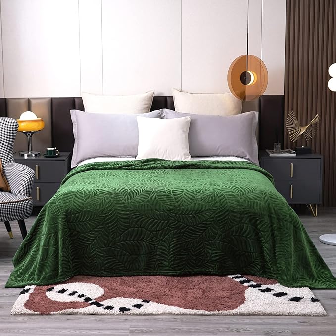Super Soft Flannel Fleece Throw Blanket, 50 x 60 Inches, Olive Green | Lightweight Cozy Warm Leaves Textured Plush Blanket for Bed Couch Sofa